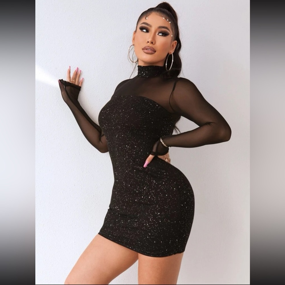 Joyfunear Black Long Sleeve Bodycon Mini Dress w/ Mesh Insert & Mock Neck - XS